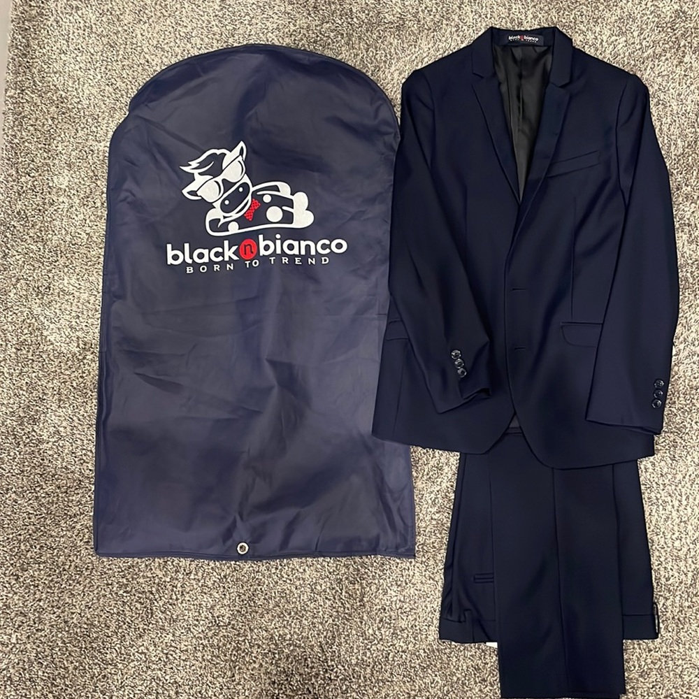 Black n Bianco navy suit size 14, white navy dress shirt size 10/12, 2 navy ties